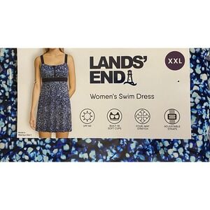 Lands' End Women's Zip‎ Front Swim Dress Size XX-Large Blue Pattern NEW